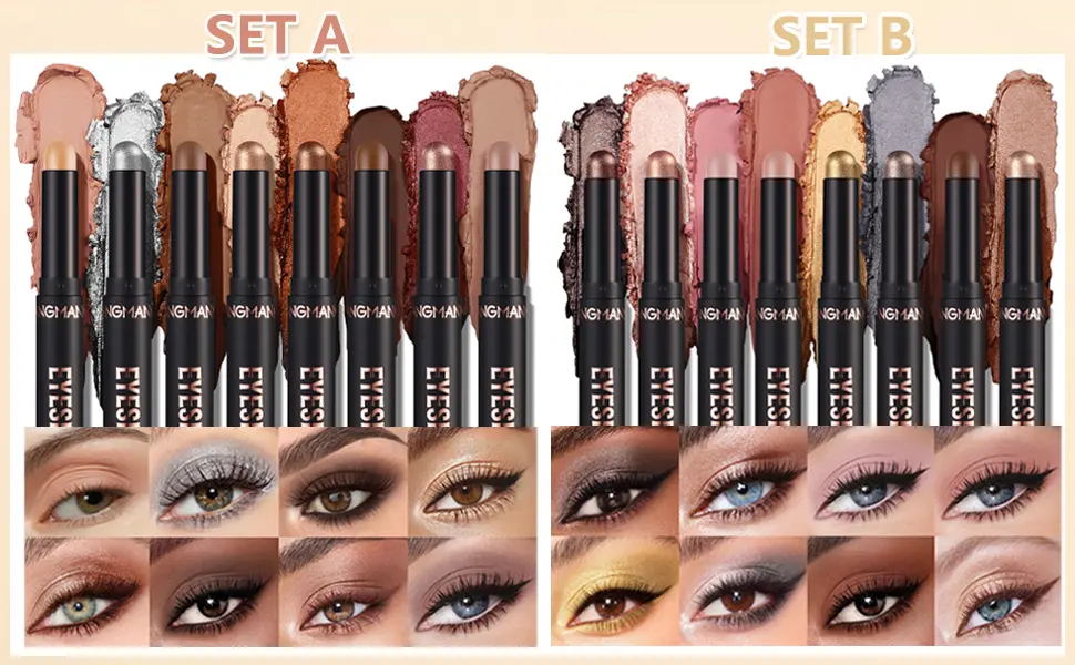 8 Colors Eyeshadow Stick Matte Professional Long Lasting Smooth Bright-Colored Contouring and Highlight Cream Eyeshadow Stick Metallic Glitter Eye Shadow Pencil Eye Makeup Set (EYESHADOW B) - 8 PCS Eyeshadow Stick