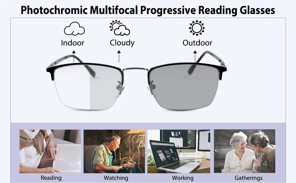 YIMI Photochromic Progressive Multifocus Reading Glasses Spring Hinges UV Sun Readers Computer Anti Blue Light Glare Glasses Black 1.5 x - product information 1