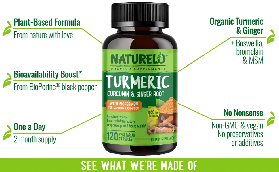NATURELO Turmeric Curcumin - BioPerine for Better Absorption - Curcuminoids, Black Pepper, Ginger Powder - Plant-Based Joint Support - 120 Vegan Capsules 120 Count (Pack of 1) - NATURELO, Turmeric, Curcumin, Ginger, Black Pepper, Bioperine, Joint Health, Support, Vegan, Natural
