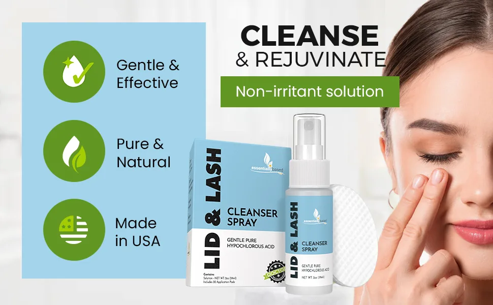 Essentially Based Eyelid Cleanser Kit - 2 oz Eyelids and Eyelash Cleaner - Hypochlorous Acid Spray Solution - Eye Wash Solution with 30 Application Pads - Made in USA - eyelid lid eyelash lash cleaner