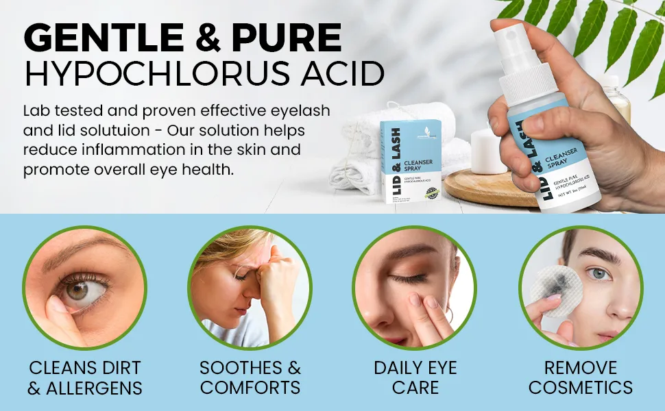 Essentially Based Eyelid Cleanser Kit - 2 oz Eyelids and Eyelash Cleaner - Hypochlorous Acid Spray Solution - Eye Wash Solution with 30 Application Pads - Made in USA - eyelid lid eyelash lash cleaner