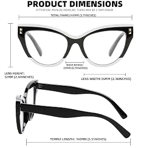 FEISEDY Women Oversized Cat Eye Reading Glasses Vintage Blue Light Blocking Reader Anti Eyestrain B2991 Black & White Frame 2.5 x - PRODUCTDIMENSIONS