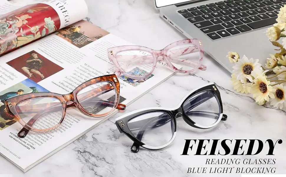 FEISEDY Women Oversized Cat Eye Reading Glasses Vintage Blue Light Blocking Reader Anti Eyestrain B2991 Black & White Frame 2.5 x - reading sunglasses