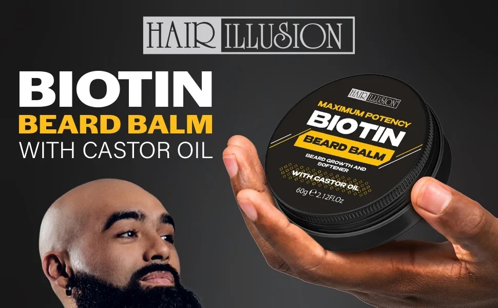 Hair Illusion Maxium Potency Biotin Beard Growth Balm | For Mens Beard Mustache Growth. Softening & Condition Beard with Castor Oil for Beard Conditioning and Shine. - Hair Illusion Biotin Beard Balm with Castor Oil