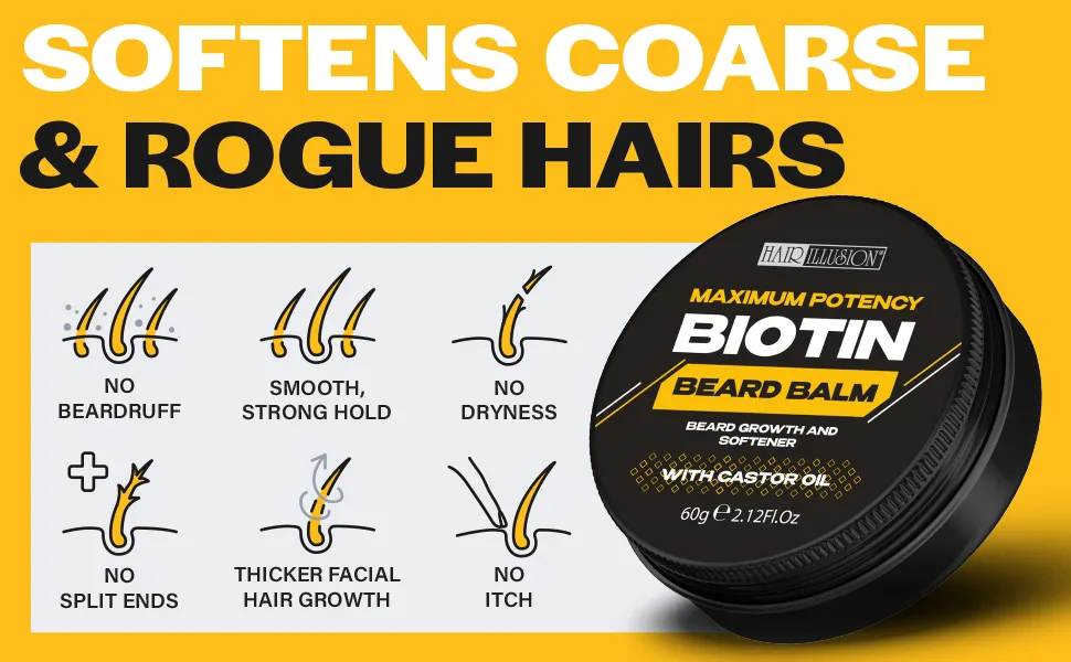 Hair Illusion Maxium Potency Biotin Beard Growth Balm | For Mens Beard Mustache Growth. Softening & Condition Beard with Castor Oil for Beard Conditioning and Shine. - Hair Illusion Biotin Beard Balm with Castor Oil