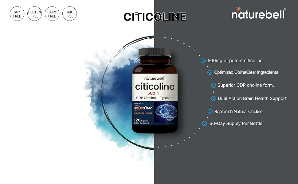 NatureBell Citicoline Supplements, CDP Choline, Citicoline 500mg Plus Tyrosine 50mg Per Serving, Optimized Dosage, 120 Capsules, 2 in 1 Formula, Dual Action Brain Supplement, Non-GMO - Citicoline