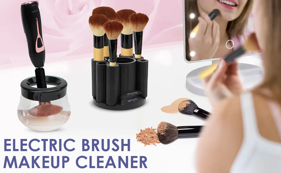 Olivia Rose Electric Makeup Brush Cleaner Spinner Deep Cosmetic Brush Cleaner with 8 Size Rubber Collars (Black) - Olivia Rose Electric Makeup Brush Cleaner