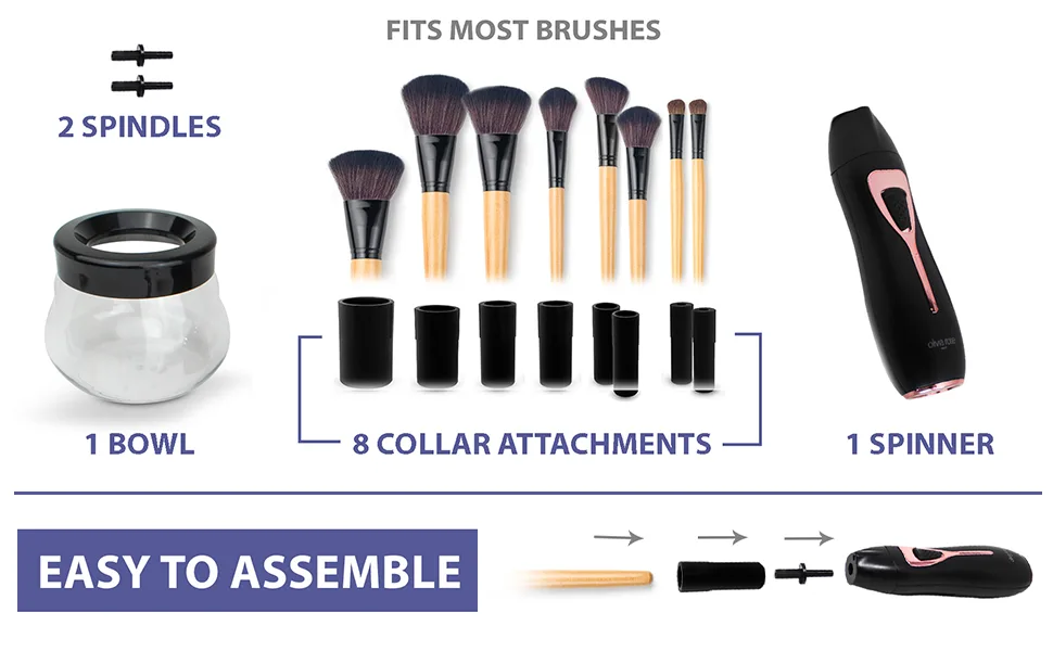 Olivia Rose Electric Makeup Brush Cleaner Spinner Deep Cosmetic Brush Cleaner with 8 Size Rubber Collars (Black) - Olivia Rose Electric Makeup Brush Cleaner