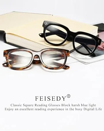 FEISEDY Retro Square Thick Big Frame Blue Light Blocking Reading Glasses Anti Glare Digital Eyestrain Reader B2523 Mix Amber 2.0 x - 2523