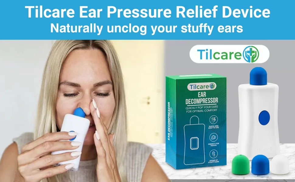 Ear Pressure Relief Device by Tilcare - Equalizing Ear Popping for Flying Swimming Diving Cold and Allergy Discomfort - Comes with a Portable Protective Pouch and 3 Tips - product information 1