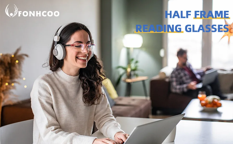 FONHCOO Reading Glasses for Women Men Blue Light Blocking Reading Glasses Metal Half Frame Computer Readers Anti UV/Glare/Eyestrain Blue 0.0 x - reading glasses