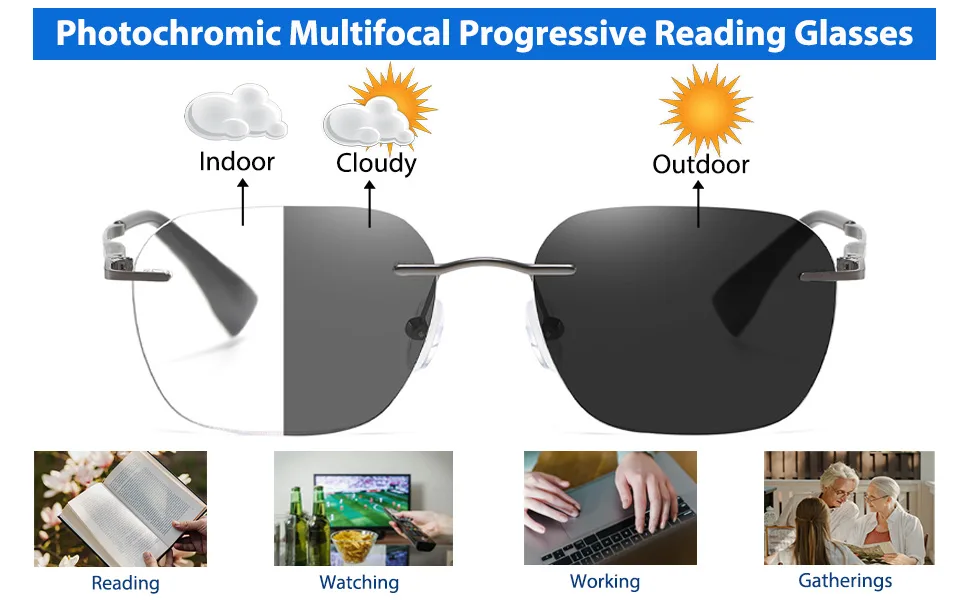 Photochromic Multifocus Progressive Rimless Reading Glasses Men Women Anti Blue Light Transition Multifocal Readers Clear 2.5 x - product information 2