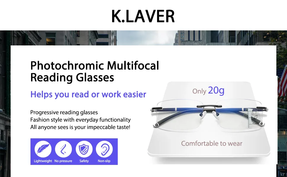 Photochromic Progressive Multifocal Reading Glasses Blue Light Blocking Glasses Rimless Transition Sunglasses Unisex Black-clear 2.0 x - product information 1