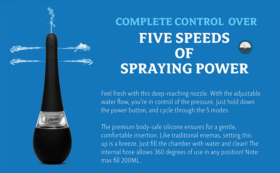 Cleanstream Electric Rechargeable Auto Spray Enema Bulb 5 Jet Openings Anti Back-Flow Phthalate-Free Silicone Easy Clean Water Resistant - five speeds spraying power feel fresh deep reaching nozzle adjustable water flow pressure control