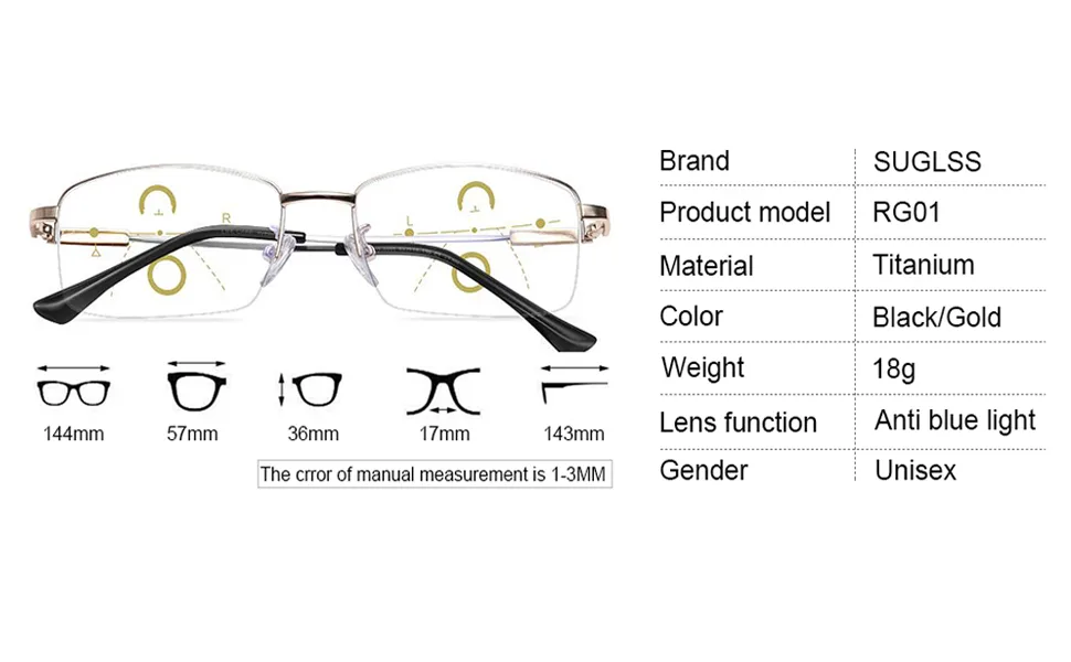 Progressive Multifocal Reading Glasses Blue Light Blocking Glasses For Men Women Half Frame Multifocus Reader Black 2.5 x - 1003-19