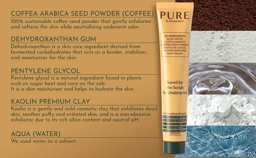 PURE by MUDMASKY Softening Saved by the Scrub For Underarms. Armpit Detox Scrub & Mask. Natural & Clean Body Scrub - coffee scrub ingredients
