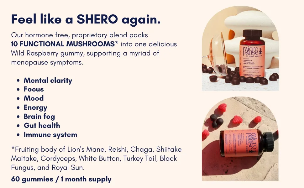 So Mush Support Hormone Free Gummies for Menopause - Supports Energy Focus Immunity Gut Health and more. 10 Functional Mushrooms (30 Servings) - Hormone free, proprietary blend packs of 10 functional mushrooms into one delicious gummy.