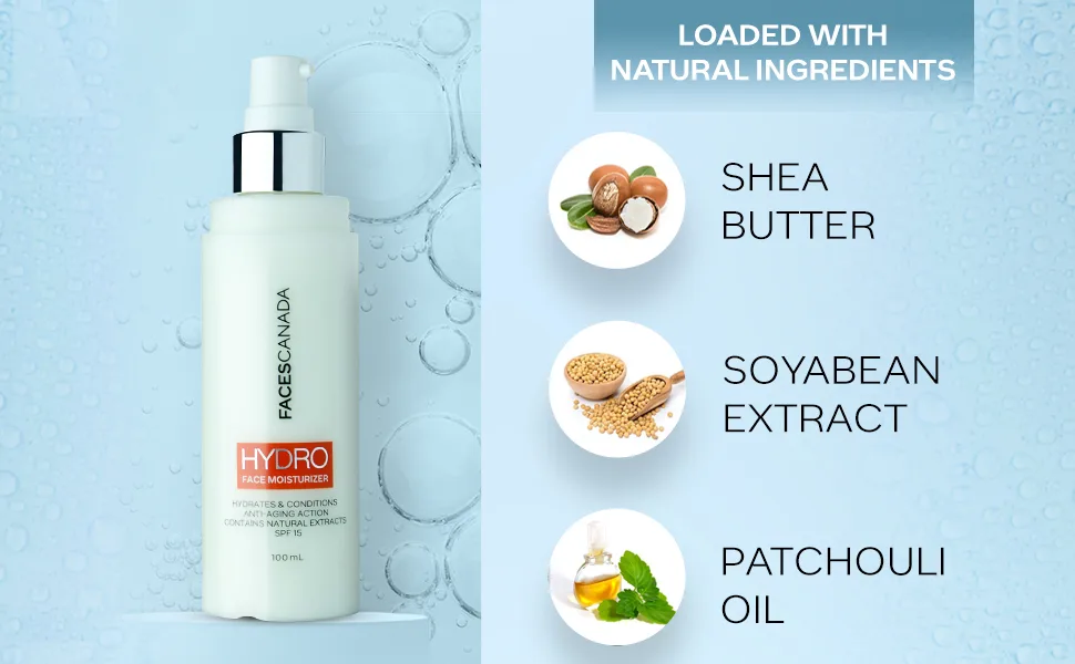 Hydro Face Moisturizer with SPF 15 | Natural Hydrating & Anti Aging Formula | Lightweight & Non Greasy | for Radiant Skin | 3.38 Fl Oz (100ml) - FACESCANADA Hydro Face Moisturiser 100 ml