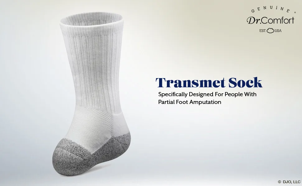 Dr. Comfort Transmet Crew Socks for Partial Foot Amputation - Unisex White Medium - Dr. Comfort Transmet Crew Socks for Partial Foot Amputation