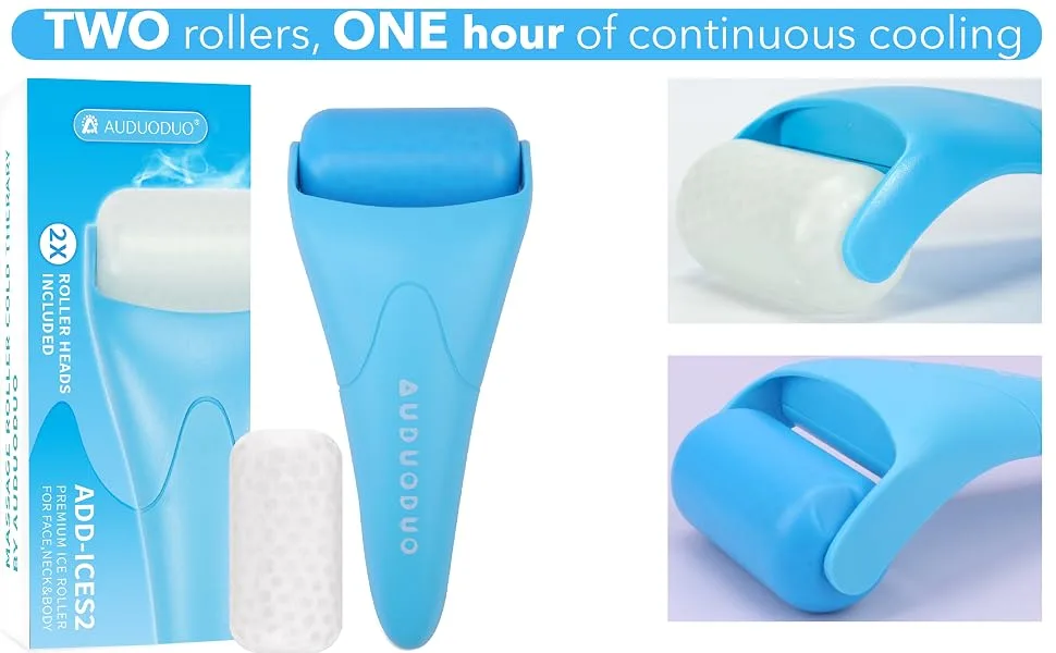 AUDUODUO Premium Ice Face Roller with EXTRA Roller for Long Lasting Cold ice roller for Face Neck Body Cold therapy for Face & Eye Puffiness Blue - ice face roller