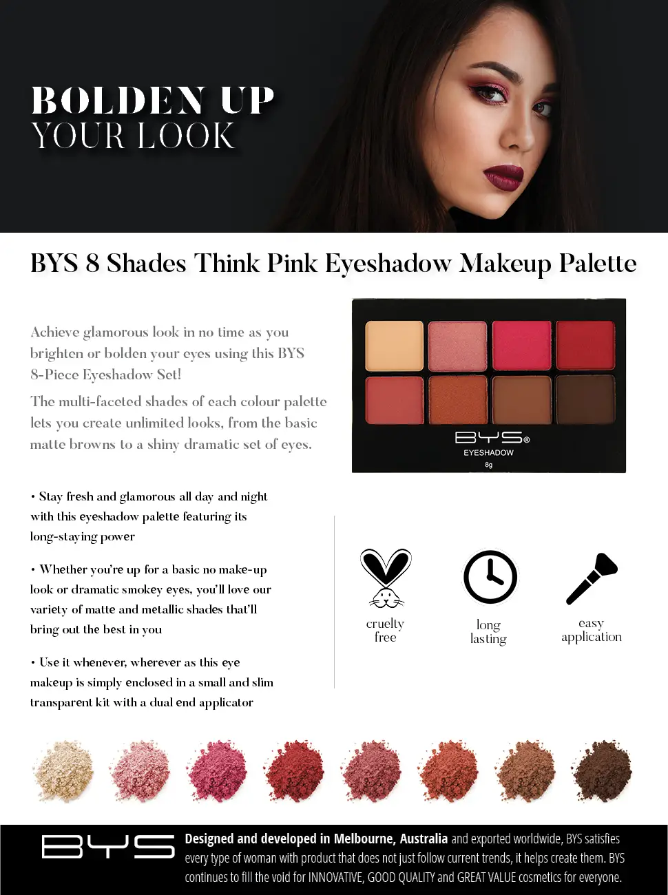 BYS Eyeshadow Makeup Palette 8 Shades - Matte and Metallic Think Pink - product information 1