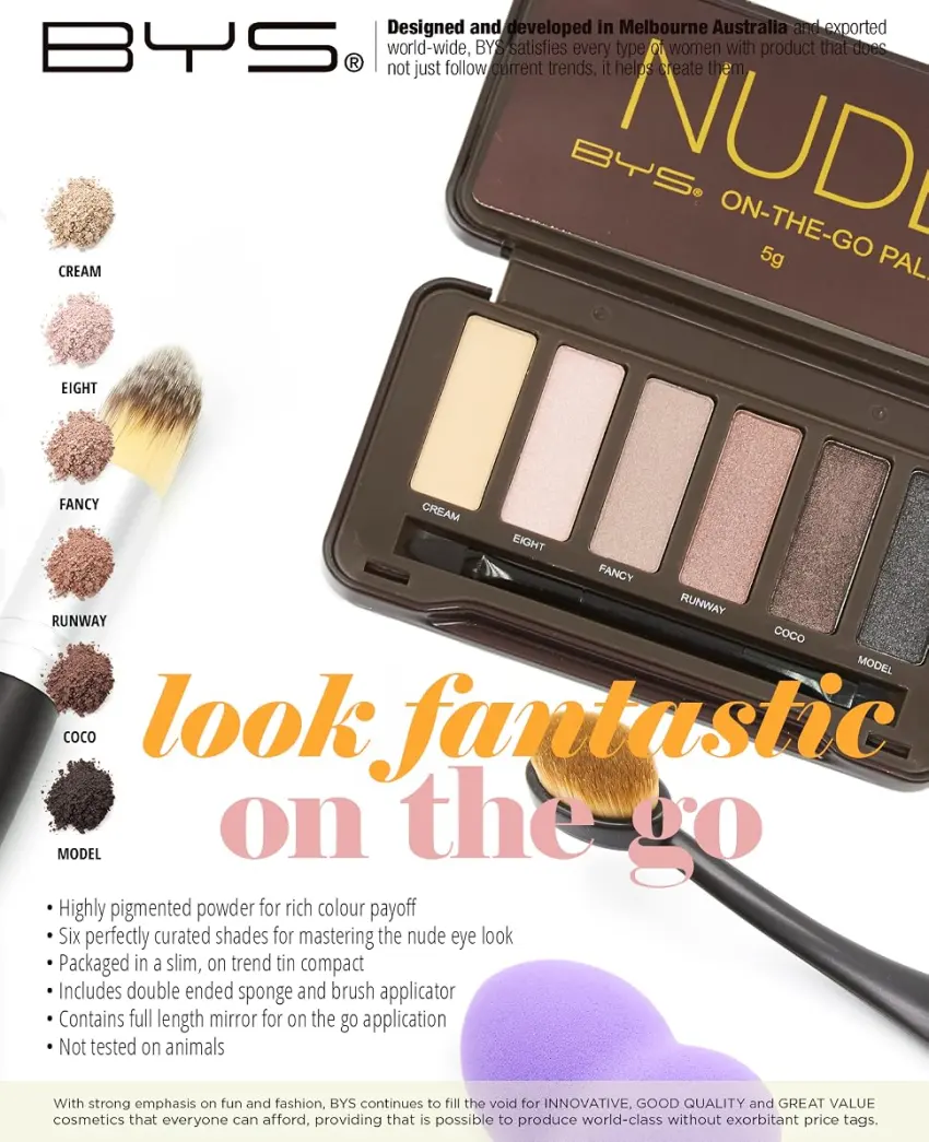 BYS On-The-Go Eyeshadow Palette Six Shades with Mirror and Applicator Nude - product information 1