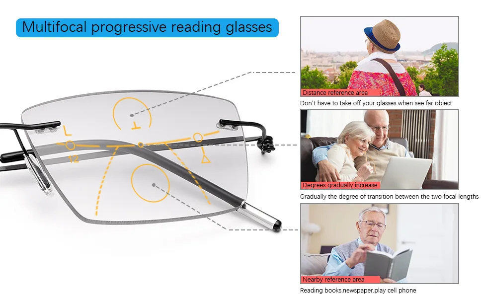 YIMI Rimless Progressive Multifocal Reading Sunglasses for Men Women Trifocal Sun Readers Blue Light Blocking Glasses Black 3.0 x - PROGRESSIVE NO LINE READING GLASSES TRI-FOCAL READER OUTDOOR SUNGLASSES