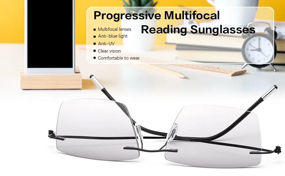YIMI Rimless Progressive Multifocal Reading Sunglasses for Men Women Trifocal Sun Readers Blue Light Blocking Glasses Black 3.0 x - TRIFOCAL NO LINE 3 IN 1 FOCUS STRENGTH FASHION READING SUNGLASSES