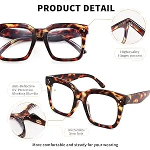 FEISEDY Women Men Blue Light Blocking Glasses Frame Oversized Designer Luxury Square Eyewear B2695-FF Bright Black Frame 51 Millimeters - Reading Glasses