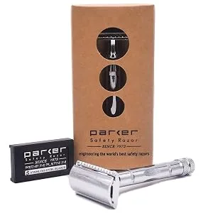 Parker 89R 3-Piece Safety Razor Handle with Chrome Plated Brass Handle and 5 Parker Premium Double Edge Razor Blade Refills - Parker