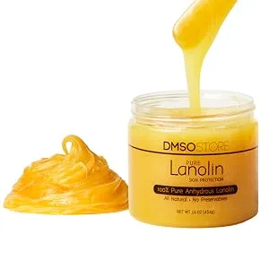 Lanolin 4 oz.Pure 100% USP grade. Skin protectorate and moisturizer that delivers deep hydration and nourishment excellent as a nipple cream. Made by DMSOSTORE - Image of DMSO Lanolin pouring into jar with a pile of lanolin sitting next to jar.