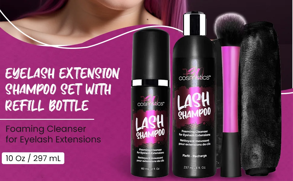 Eyelash Extension Cleansing Set with Foaming Shampoo Refill Bottle Brush and Makeup Remover Towel - Non-irritating Cleanser for Extensions and Natural Lashes - lash cleaning kit lash remover lash extension cleanser lash cleanser lash supplies lash tech supplie