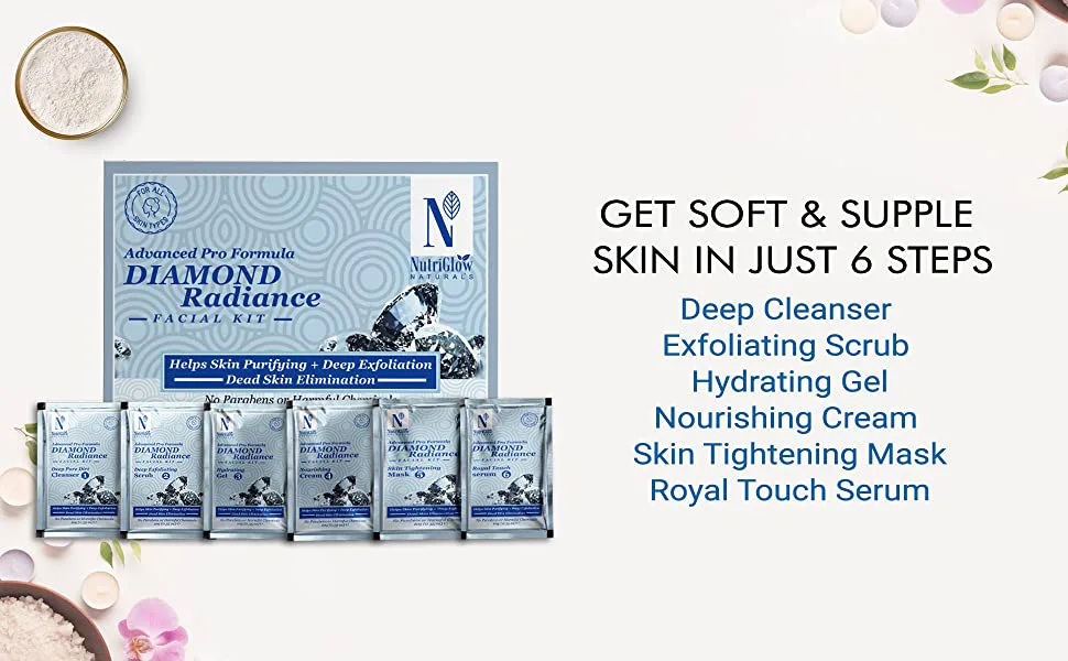 NutriGlow NATURAL'S Advanced Pro Formula Diamond Radiance Facial Kit For Make Skin Acne & Spot Free Brightens Up Dull Skin 60gm - NutriGlow