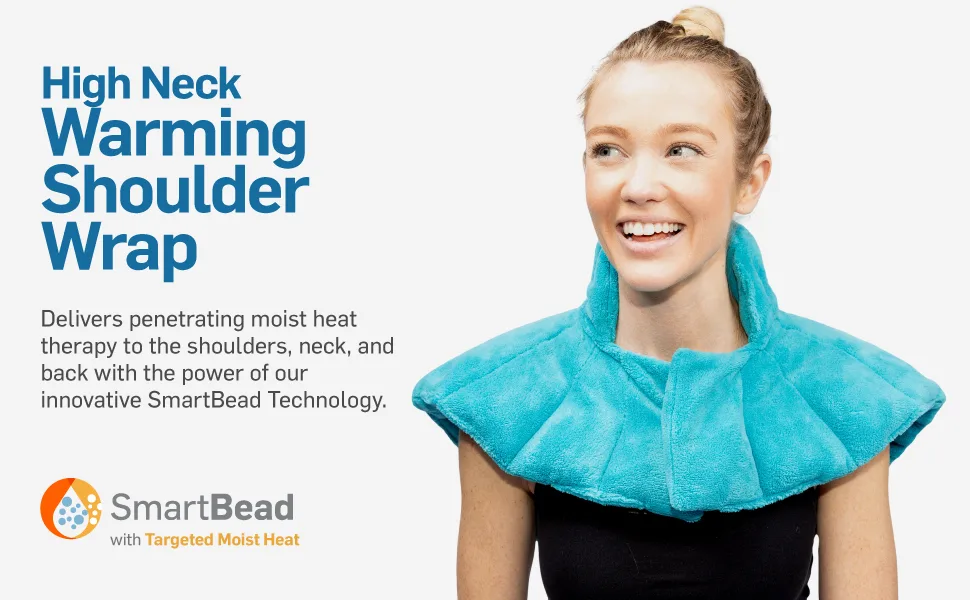 NatraCure Microwave Heating Pad for Neck, Shoulders and Back Pain Relief - (with SmartBead Technology for Moist Heat Therapy) - High neck warming shoulder wrap being used by nice lady