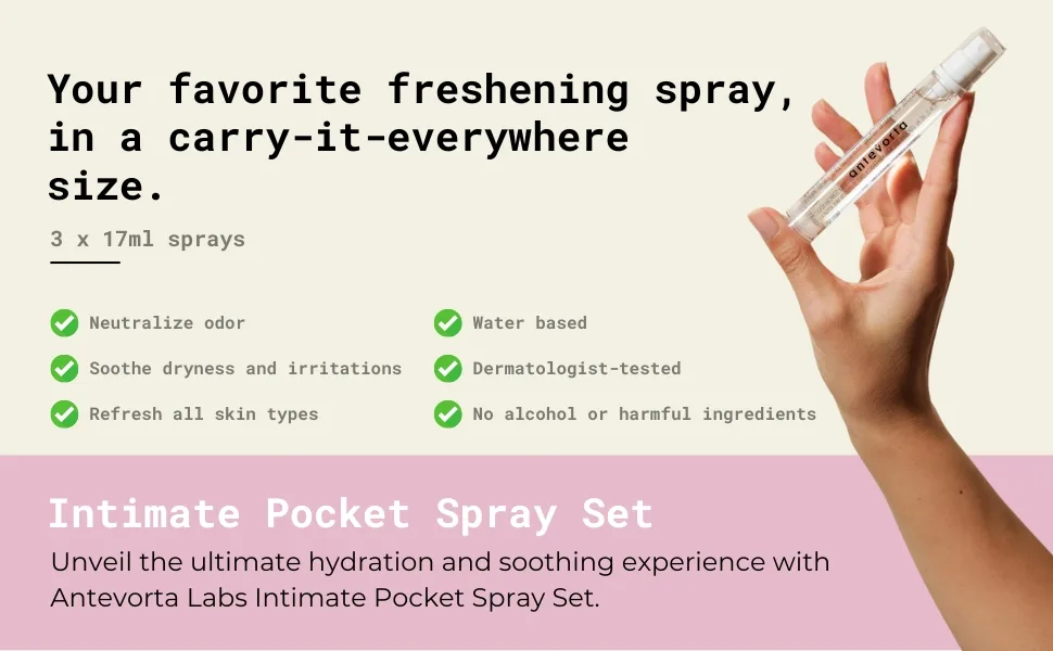 Intimate Pocket Spray Set | Moisturizing & Hydrating for Dryness Neutralizes Odor Irritability With Organic Alpine Skullcap Edelweiss & Japanese Honeysuckle 1.72 oz - Antevorta Intimate Pocket Spray Set