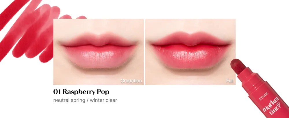 ETUDE Dear Darling Marker Tint #1 Raspberry Pop | Hydrating & Long Lasting Lip Stain | High Pigmented Lip Maker with Easy Drawing Tip | Korean Daily Lip Tint red - Dear Darling Marker Tint