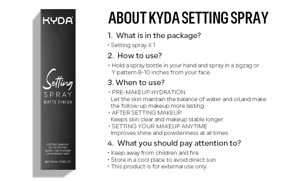 KYDA Makeup Setting Spray Ultra Fine Lightweight Setting Mist Lasting Oil Control Makeup Finish Quick Drying Formula Face Makeup Fixer Spray for All Skin 3.38 Fl Oz - setting spray
