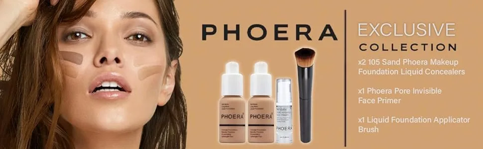 Phoera Foundation Full Coverage Makeup Set - Includes x2 Sand 30ml Matte Foundation 6ml Face Primer & Liquid Foundation Brush for Easy Application - product information 1