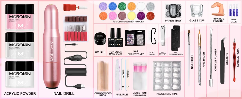 Morovan Acrylic Nail Kit for Beginners: Professional Nails Kit Acrylic Set With Everything Complete Starter Kit - with 3 Colors Acrylic Powder and Glitter Nail Powder - acrylic nail kit
