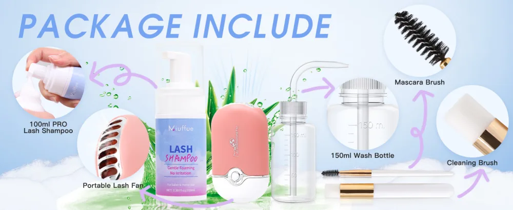 100ML Lash Shampoo for Lash Extensions Lash Fan Dryer Eyelash Brushes and Rinse Bottle Lash Cleaning Kit for Salon and Home Use - lash cleansing kit