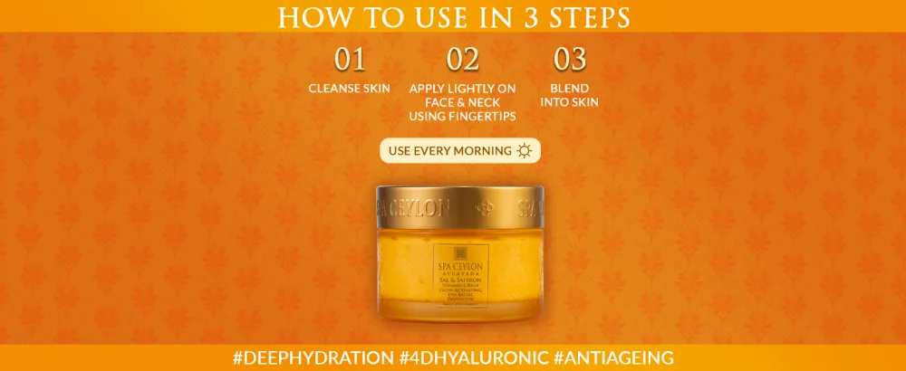 SPA CEYLON Sal and Saffron Vitamin E Enriched Glow Activating Day Facial Protector | Hydrating Sunblock Skin Nourishment | Brighter Natural Glow - how to use