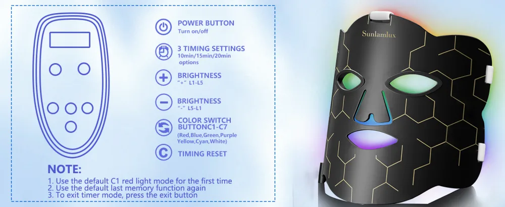 7 LED Face Light Therapy Red Light Therapy 3-in-1 Chip at Home - RED LIGHT BUTTON SETTINGS