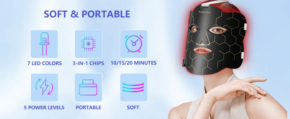 7 LED Face Light Therapy Red Light Therapy 3-in-1 Chip at Home - SOFT AND PORTABLE