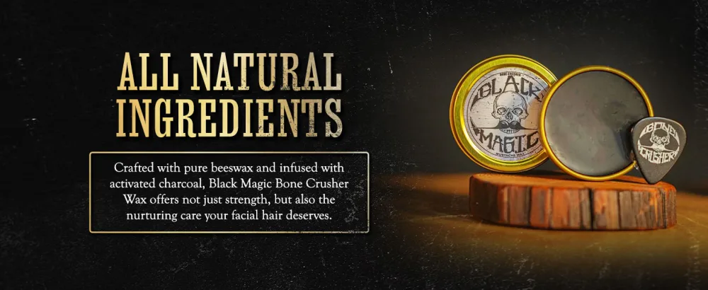 Black Mustache Wax | Black Magic Bone Crusher Moustache Wax | Hide Grey Hair In Beard Or Moustache | Extra Strong Hold Mustache Wax Unscented | 1 oz Tin Heat Source Required - Black Magic Bone Crusher-Slider1-BC