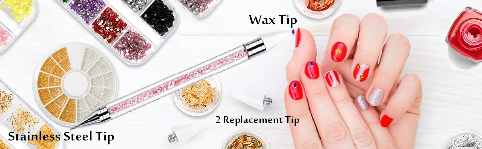 Nail Rhinestone Picker Dotting Tool with Extra 2 Wax Head, Dual-ended DIY Nail Art Tool With Pink Acrylic Handle - Nail Art DIY Decoration Tool