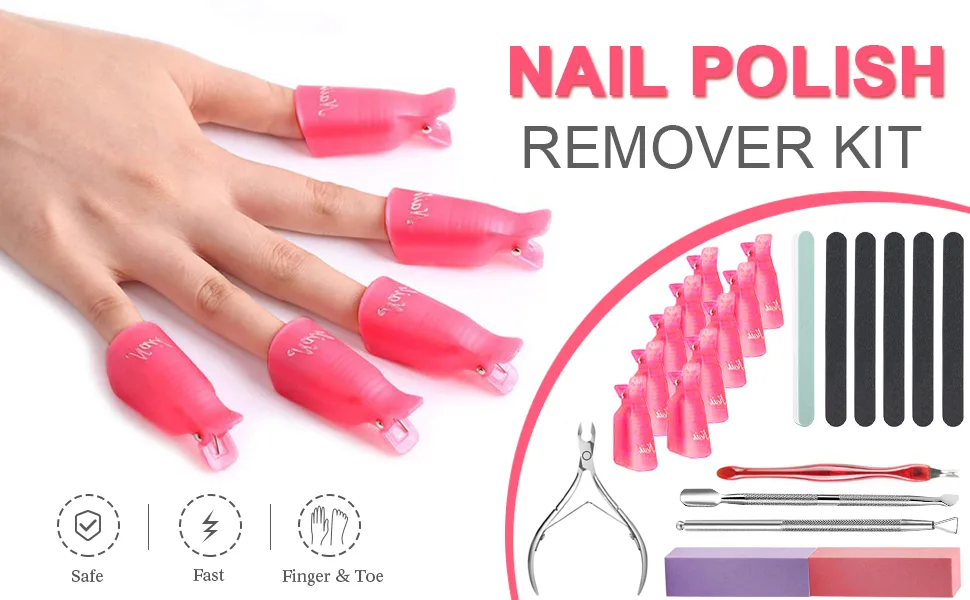 Nail Polish Remover Tool Kit, Triangle Cuticle Peeler Scraper, Cuticle Pusher, Cuticle Nipper, Cuticle Clippers, Nail Polish Remover Clips, Double Sided Nail Buffer Files, Buffer Block Grits - product information 1