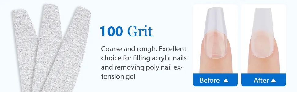 Nail Files for Acrylic Nails - Realove 100/180 Grit Nail Files for Natural Nails Doubled Sides Washable 10PCS - 100 Grit