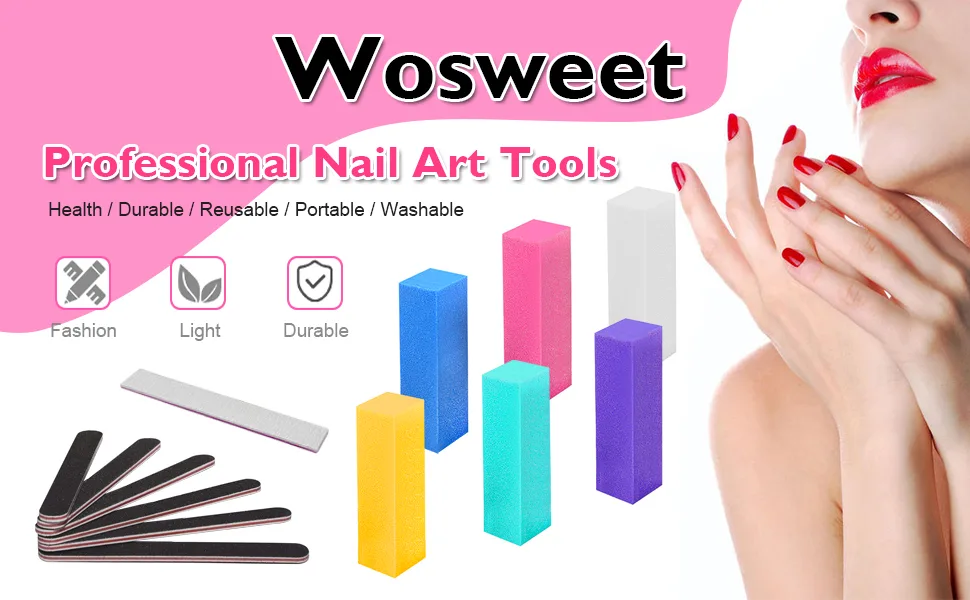 Nail File and Buffer, Wosweet Professional Manicure Tools Kit 6pcs Rectangular Art Care Buffer Block 6pcs 100/180 Grit Doublesided Nail Files 1pcs Purple 180/240 Emery Board - product information 1
