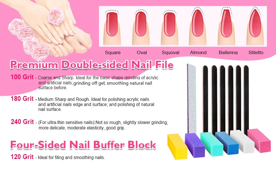 Nail File and Buffer, Wosweet Professional Manicure Tools Kit 6pcs Rectangular Art Care Buffer Block 6pcs 100/180 Grit Doublesided Nail Files 1pcs Purple 180/240 Emery Board - product information 5