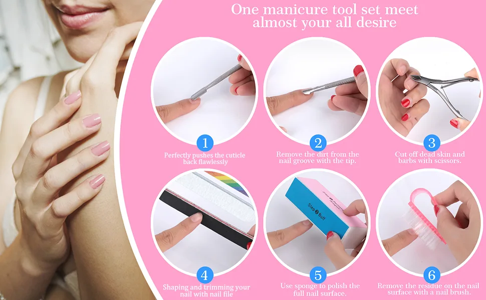 Nail File and Buffer- 3pcs Double Sided Nail File, Rectangular Nail Buffer, Buffer Block Sponge Polished, Nail Brush, Come with Cuticle Nipper and Pusher, Perfect Manicure Tool Kit for Shiny Nail Pink - product information 3